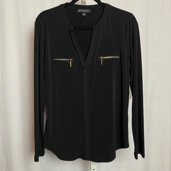 NWT INC International Concepts Black Zip Pocket Long Sleeve Knit Blouse Medium - Picture 1 of 8